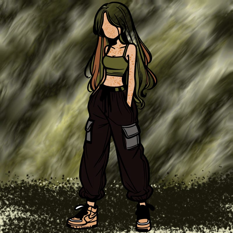 girl in baggy pants crop top and long hair