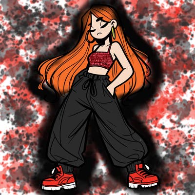 girl in baggy pants crop top and long hair