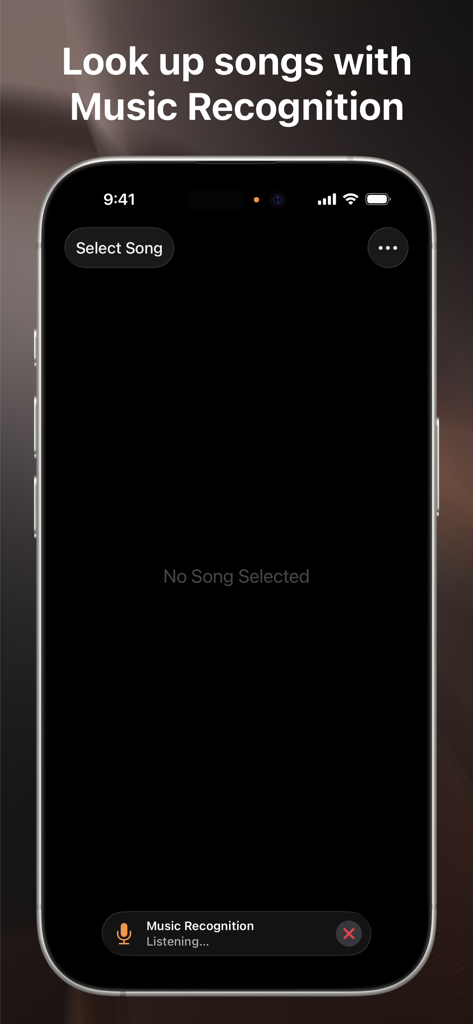 스마트폰에 음악 인식 기능이 활성화되어 노래를 듣고 있는 음악 정보 앱 인터페이스가 표시됨