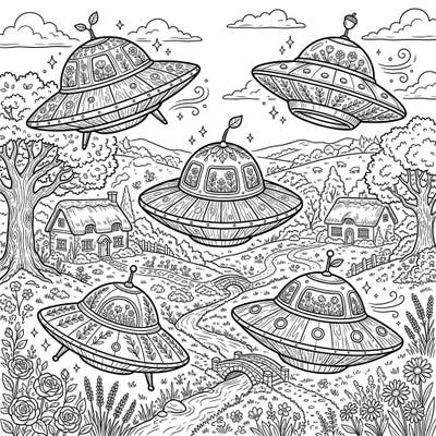 Unleash your creativity with this unique adult coloring page, blending the charm of cottagecore with whimsical UFOs. Explore a beautifully detailed pastoral scene, perfect for hours of relaxing artistic expression.