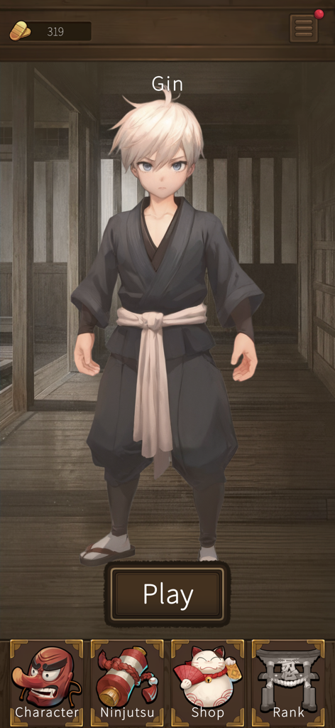 Ninja Sekai - Menu principal do Ninja Sekai apresentando o personagem Gin em um dojo tradicional com um botão de play e barra de navegação