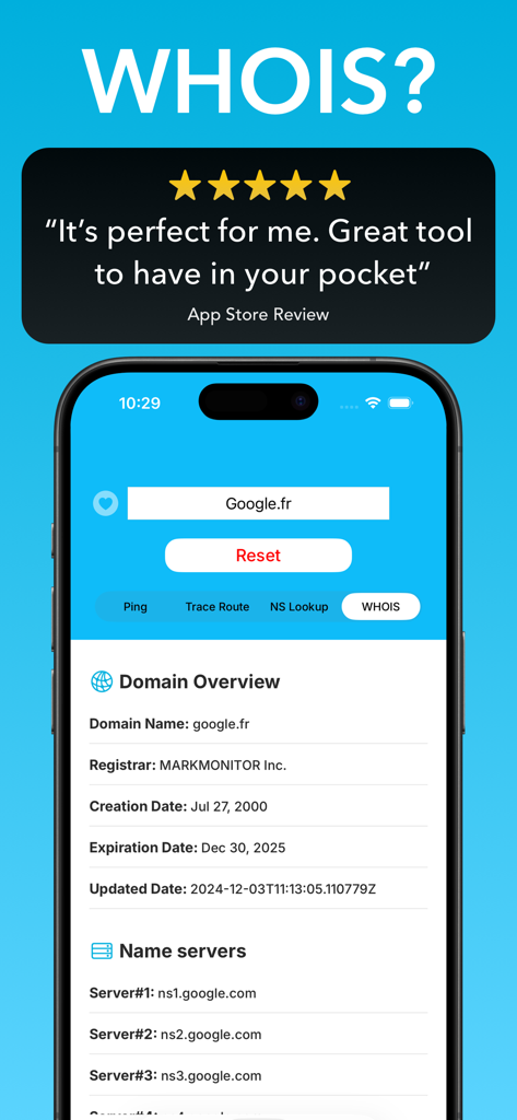 Pingers - Network Tools - App Pingers che mostra le informazioni di ricerca WHOIS del dominio per google.fr su un iPhone