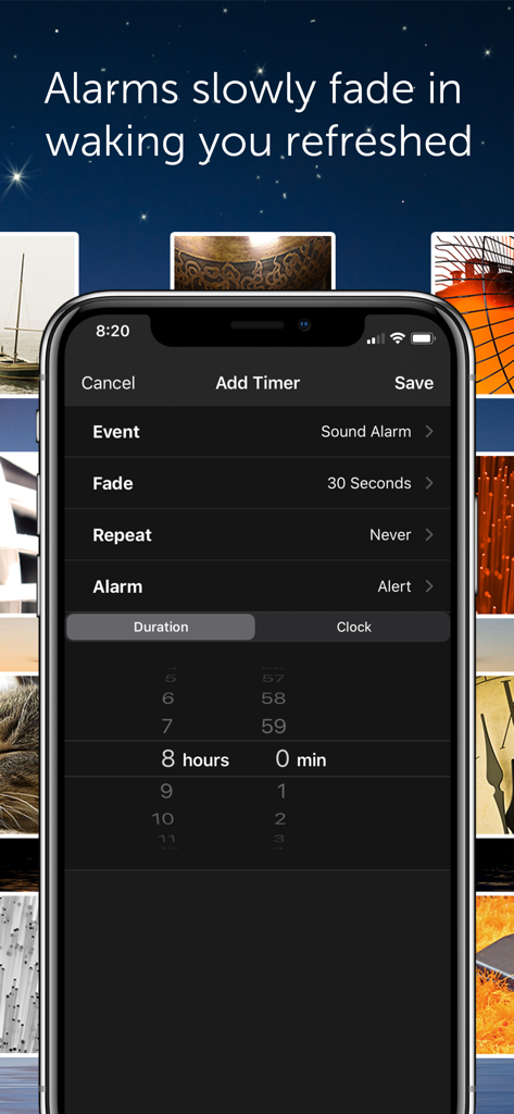 White Noise Pro - White Noise Pro app interface showing the add timer screen with a customizable thirty second fade in alarm setting