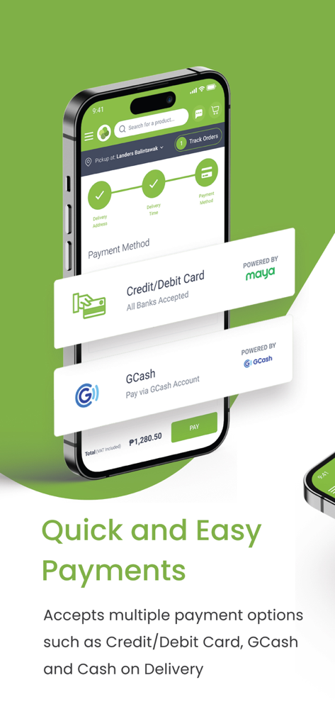 Landers Superstore - Mobile app interface for Landers Superstore showing secure payment options including GCash and credit cards