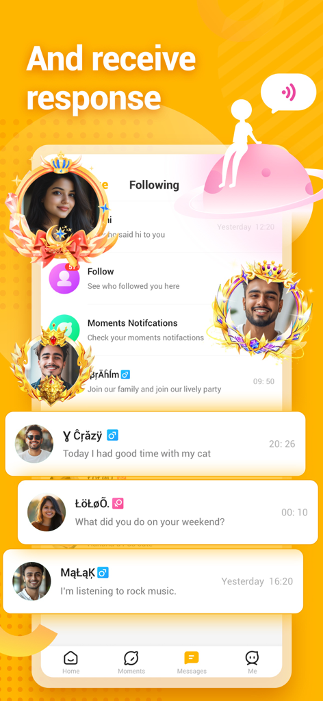 Tela de mensagens do aplicativo Echo mostrando notificações de usuário e interações de chat social com molduras decorativas de perfil.