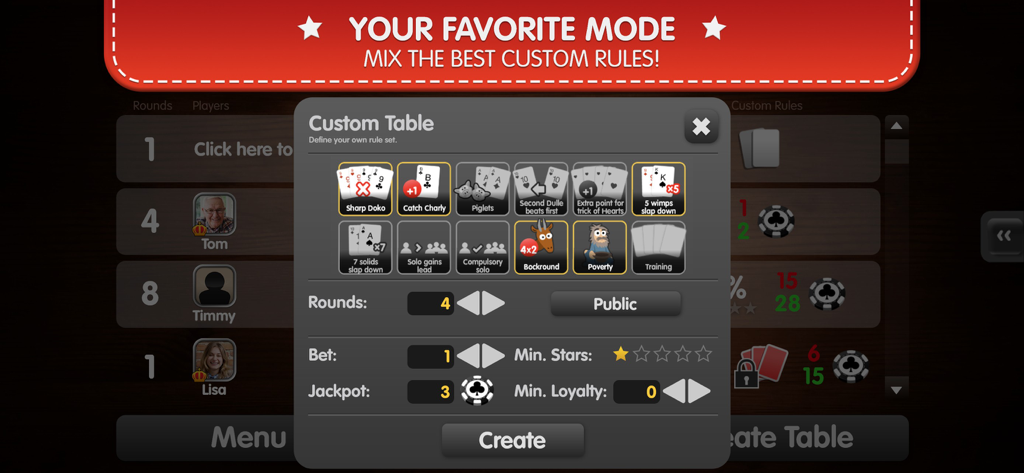 Doppelkopf Online Doko - 다양한 게임 규칙과 설정을 보여주는 도펠코프 온라인 도코의 사용자 지정 테이블 생성 화면
