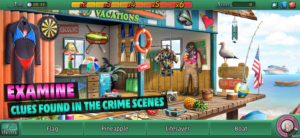 Criminal Case: Pacific Bay - Criminal Case Pacific Bay의 해변 상점에서 숨은 그림 찾기 범죄 현장 조사하기