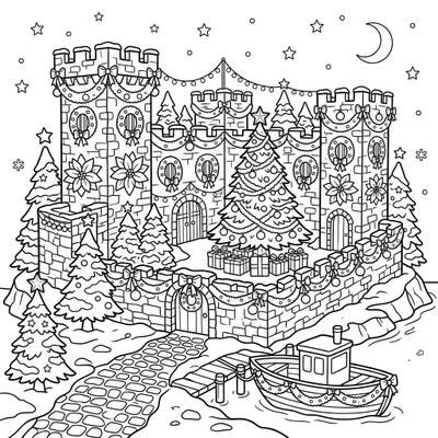 Discover a surprisingly festive scene with our unique 'Prison Island' Christmas castle coloring page. Adorned with garlands, trees, and presents, this intricate design offers a creative twist on holiday cheer.