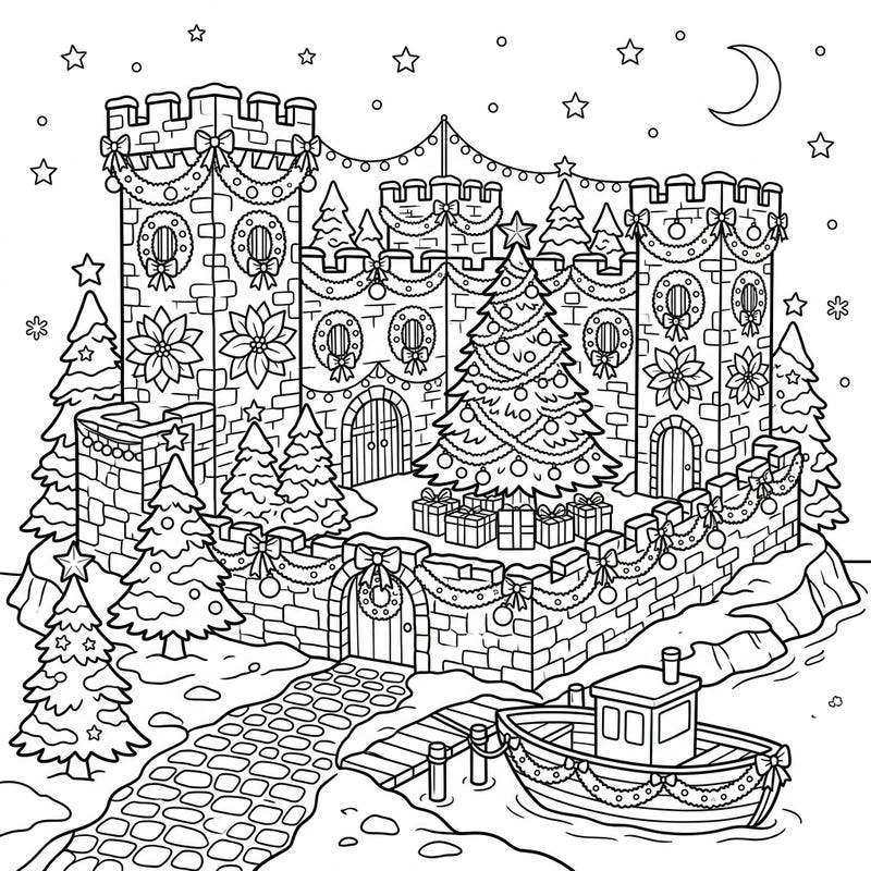 Discover a surprisingly festive scene with our unique 'Prison Island' Christmas castle coloring page. Adorned with garlands, trees, and presents, this intricate design offers a creative twist on holiday cheer.
