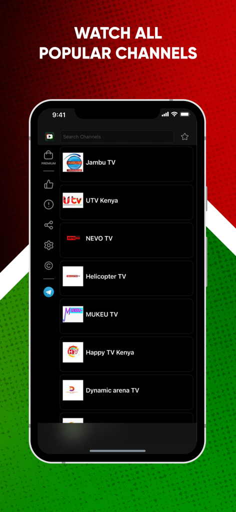 KeniStream: Watch Live TV - A list of popular live Kenyan TV channels like Jambu TV and UTV Kenya in the KeniStream mobile app interface.
