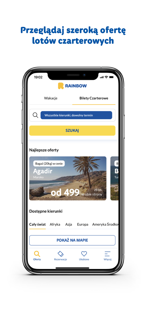 Rainbow: Wakacje & Wycieczki - Rainbow travel app interface showing charter flight search options and holiday deals in Polish.