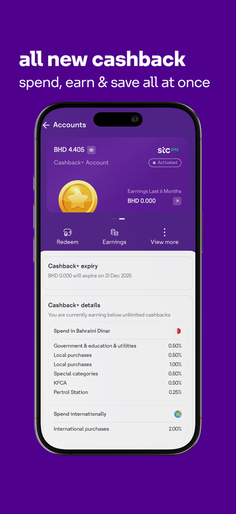 stc pay BH mobile app displaying cashback rewards and spending categories