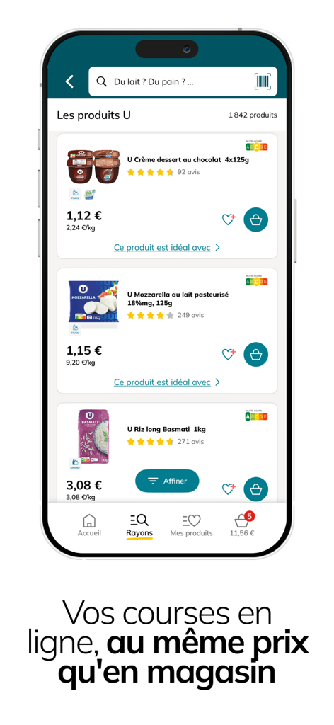 Courses U : Magasin en ligne - Mobile app screen showing Courses U grocery product listings including dessert mozzarella and rice with prices and customer ratings