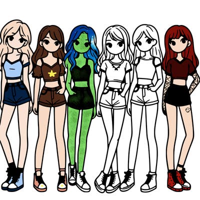 a group of girls wearing crop tops and shorts