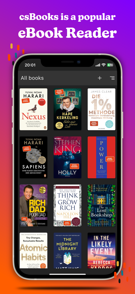 csBooks - ePub and PDF reader - csBooks app displaying an organized library of eBooks with cover thumbnails in a dark mode grid view