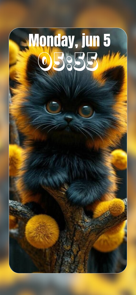 Un adorable y peludo gatito negro y naranja en un fondo de pantalla de bloqueo de iPhone