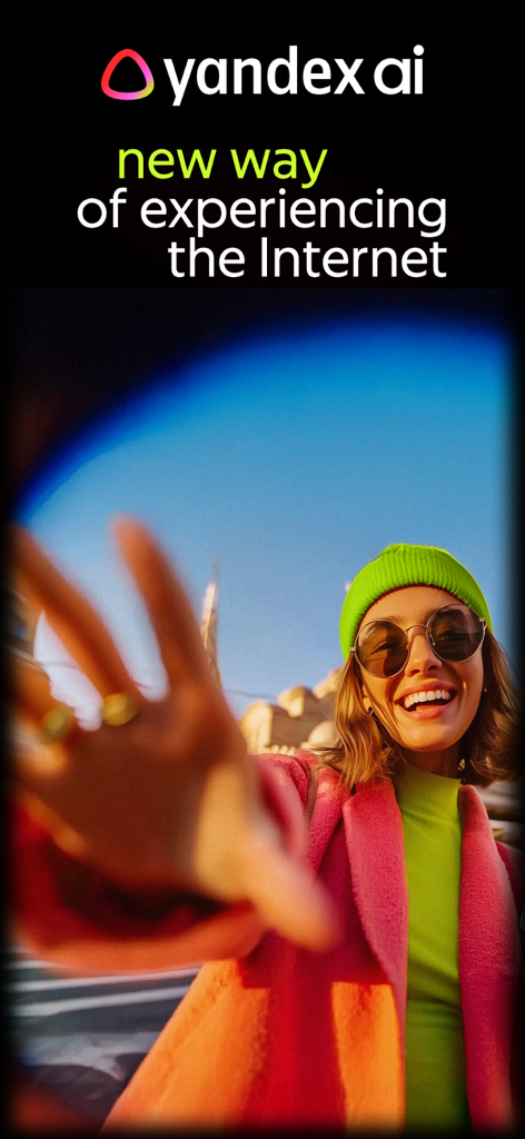 yandex ai: chatbot & assistant - Yandex AI app intro screen featuring a young woman and the tagline new way of experiencing the Internet