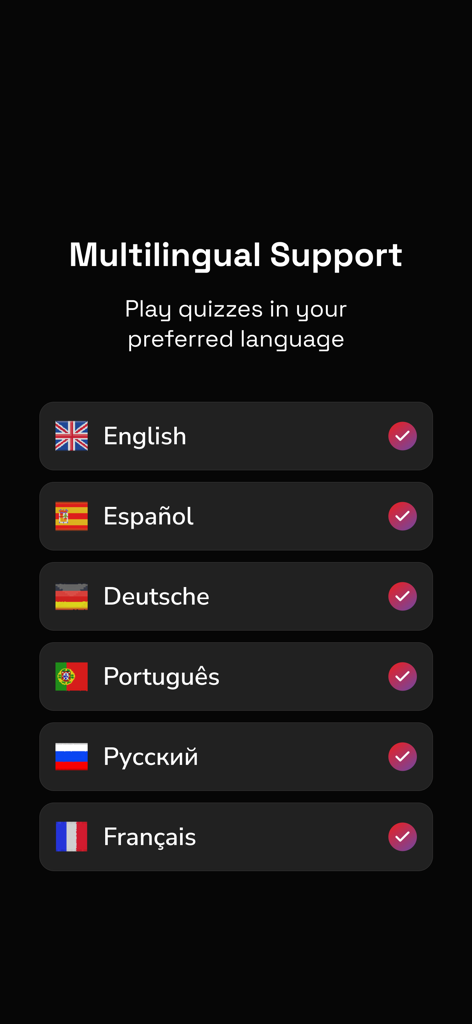 Interface for selecting quiz language with options for English, Spanish, German, Portuguese, Russian, and French.