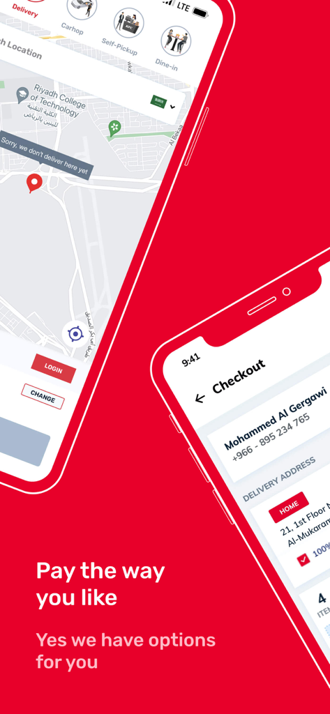 KFC Saudi Arabia - Interfaccia dell'app KFC Arabia Saudita che mostra la mappa di consegna e la schermata di checkout