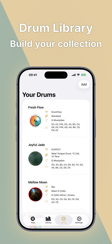 DrumFlow - A smartphone screen showing the Drum Library in the DrumFlow app with a list of personalized handpans and tongue drums.
