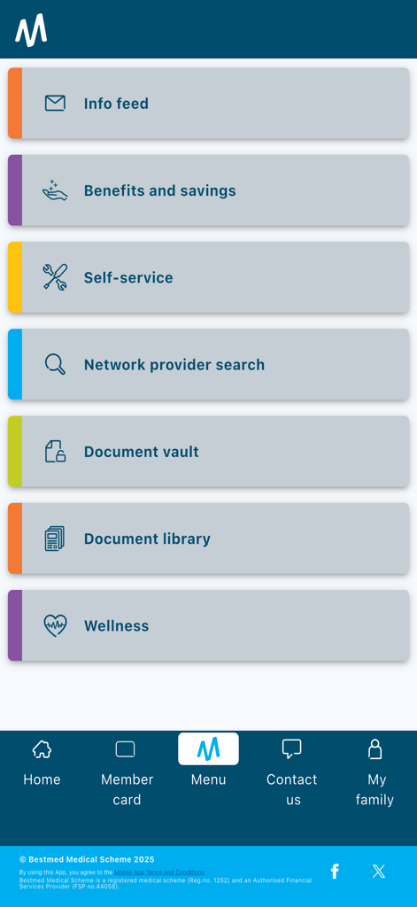 혜택 및 제공업체 검색과 같은 건강 관리 기능이 표시된 Bestmed 앱의 메인 메뉴 화면