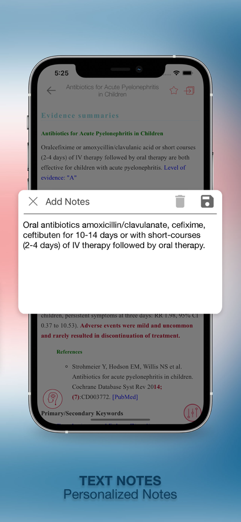 Evidence Based Medicine Guide - Personalized text notes feature in the Evidence Based Medicine Guide mobile app