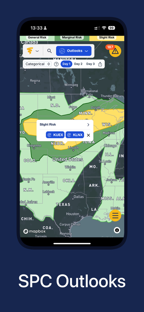 WeatherWise app showing SPC outlooks for severe weather risk levels on a United States map