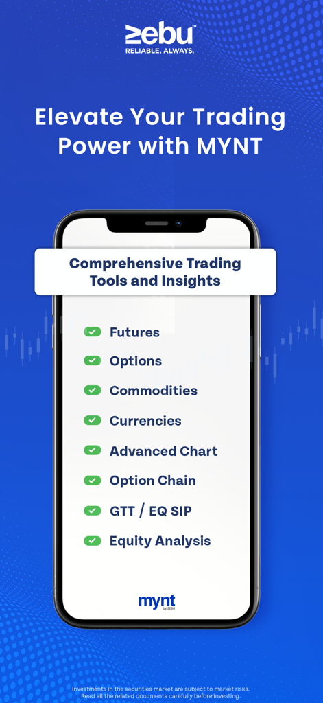 MYNT by Zebu - Invest & Trade - Pantalla de la aplicación móvil que muestra las herramientas de trading de MYNT by Zebu, incluyendo futuros, opciones y análisis de renta variable