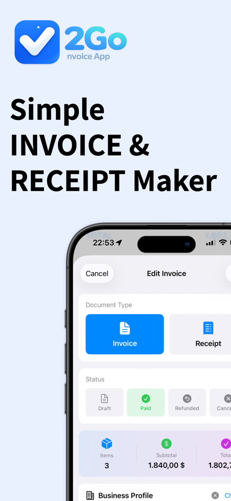 Interfaz de la aplicación 2Go Invoice and Receipt Maker mostrando la pantalla de edición de facturas en un iPhone.