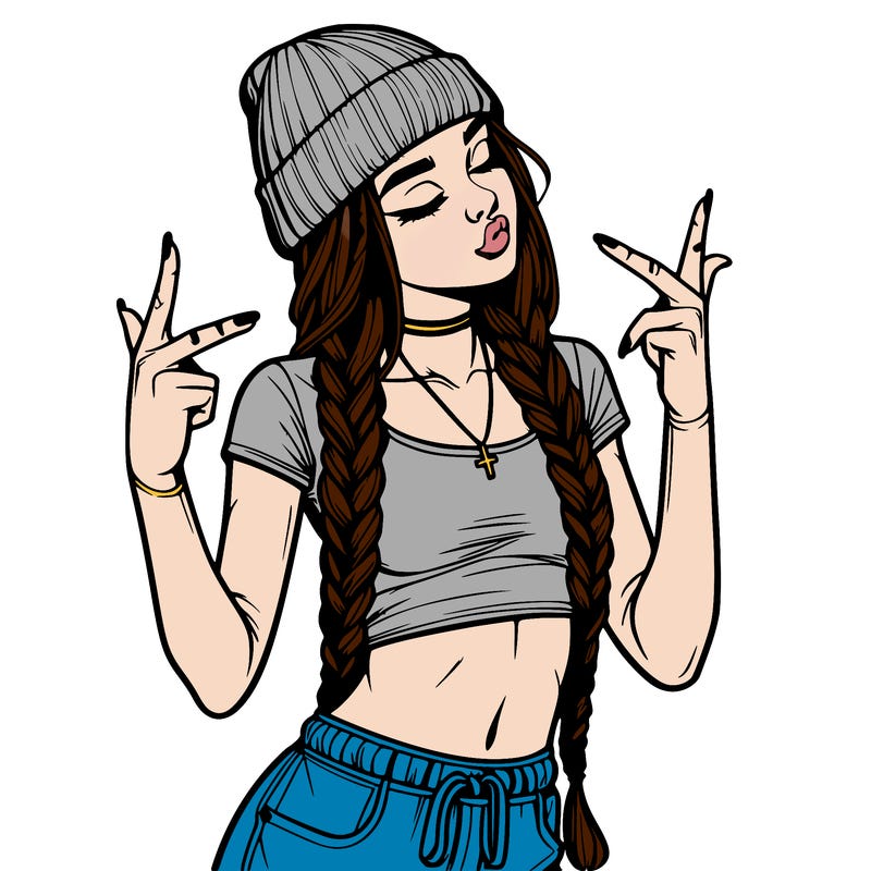 realistic teenage girl with braids and a beanie and crop top doing 🫶🏼
