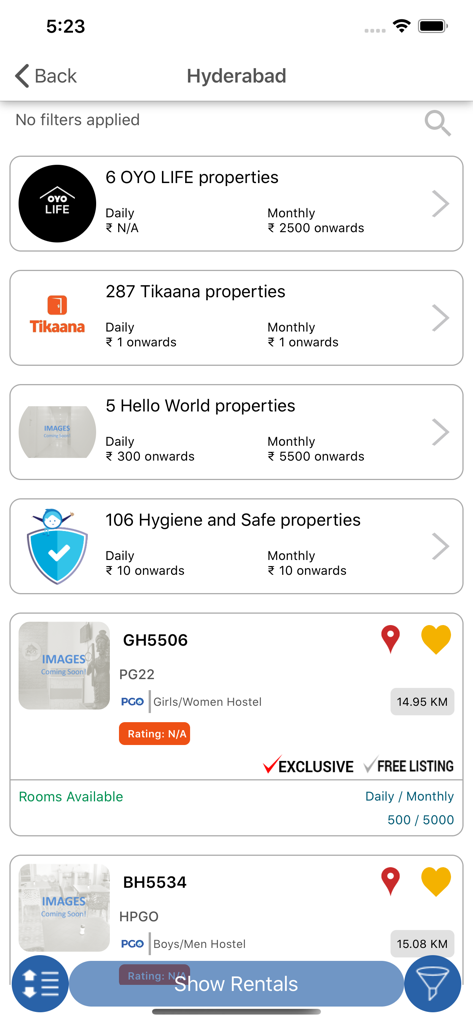 PGO - Interfaccia dell'app mobile PGO che mostra gli alloggi per ospiti a pagamento e gli ostelli disponibili a Hyderabad.