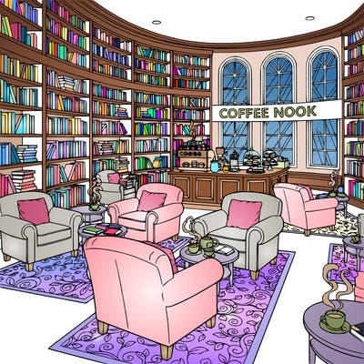 large library, with a coffee shop, oversized chairs, cozy