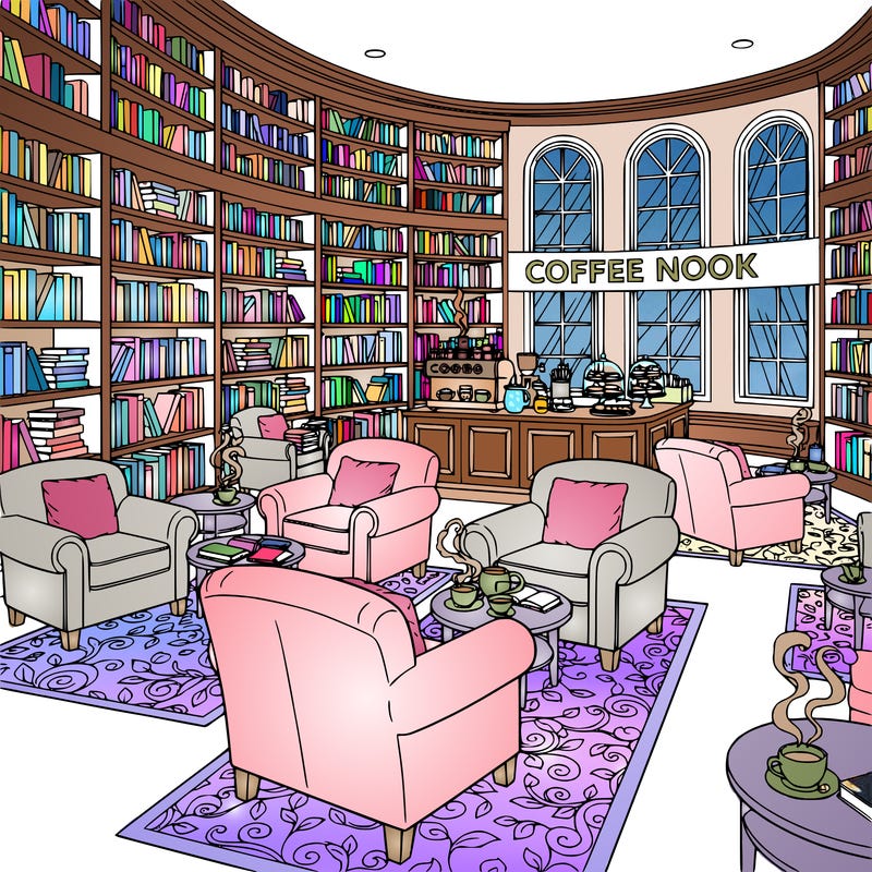 large library, with a coffee shop, oversized chairs, cozy