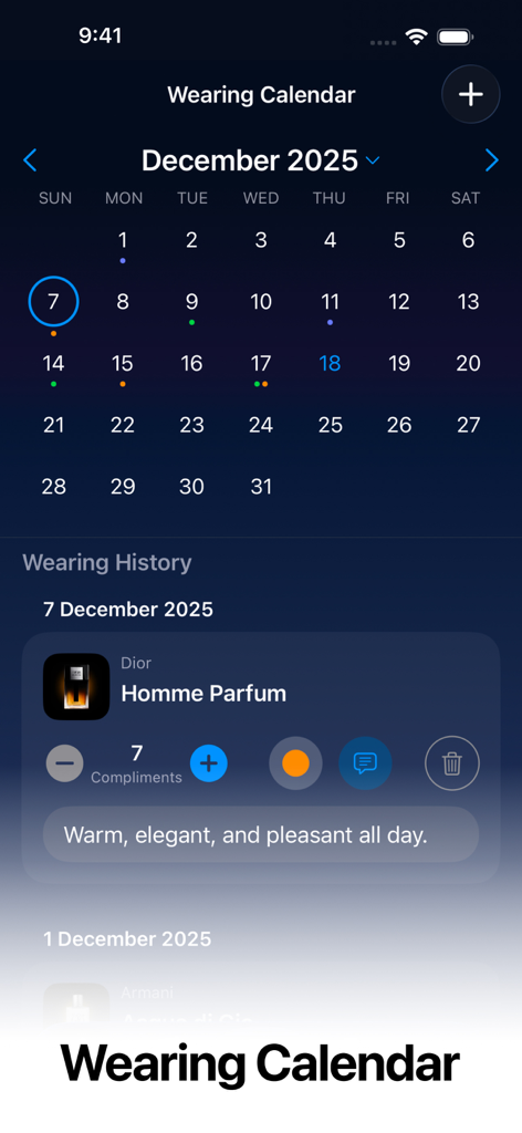 Perfume Advisor - MaxManScents - The wearing calendar feature in the Perfume Advisor app showing fragrance logs and tracked compliments for Dior Homme Parfum.