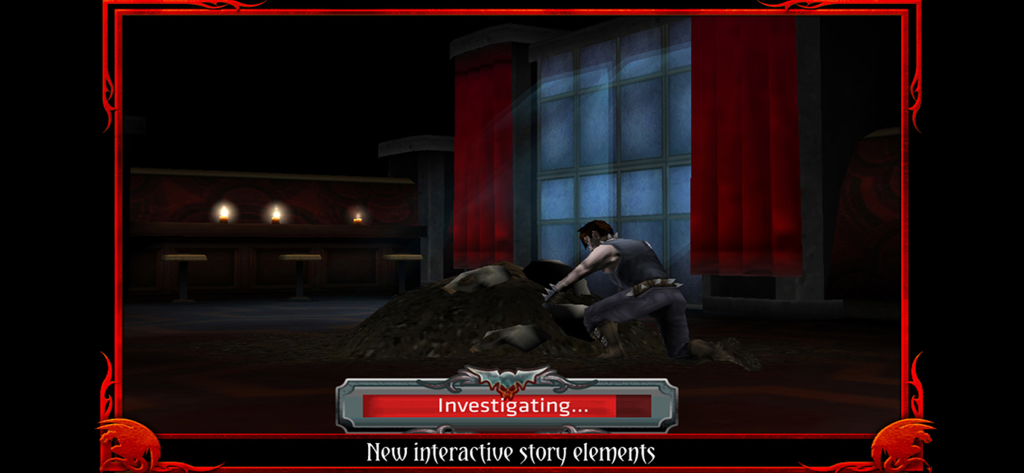 Dark Legends MMORPG - Vampire character investigating a pile of debris in a dark room with an interactive story progress bar