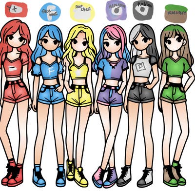 a group of girls wearing crop tops and shorts