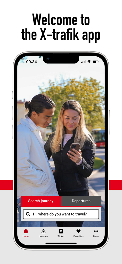 X-trafik - Welcome screen of the X-trafik app showing a couple using a smartphone to search for a journey.