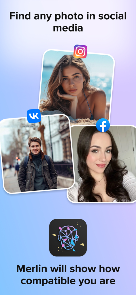 Merlin Dating app interface showing AI compatibility analysis using social media photos