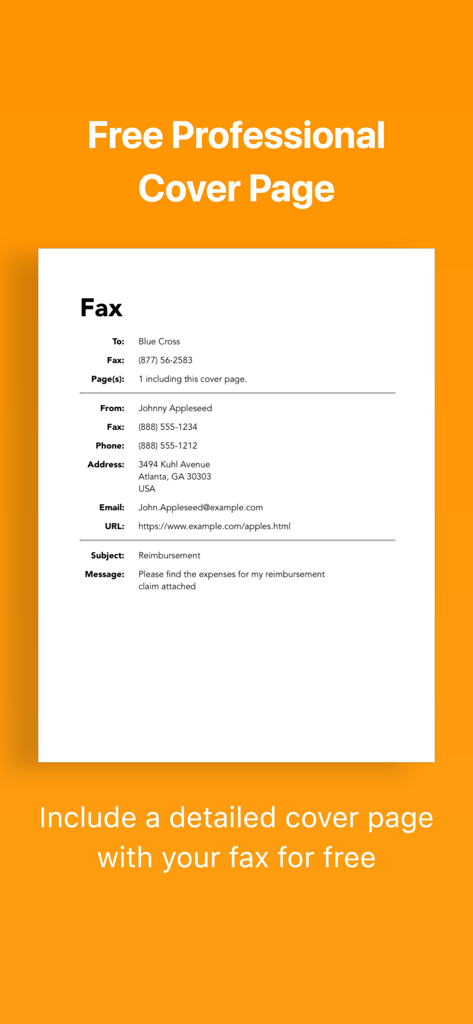 JotNot Fax - Send Receive Fax - Example of a professional fax cover page generated by the JotNot Fax app