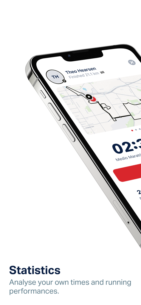 MiCarreraPR - Running statistics screen in the MiCarreraPR app showing a race map and finish time for a half marathon