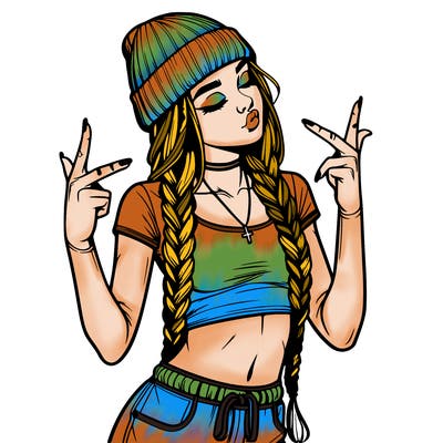 realistic teenage girl with braids and a beanie and crop top doing 🫶🏼