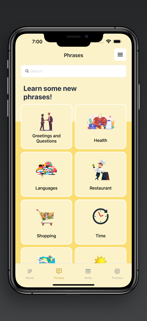 Screenshot of the Phrases section in the Learn Neapolitan app showing categories like Greetings, Health, and Restaurant.