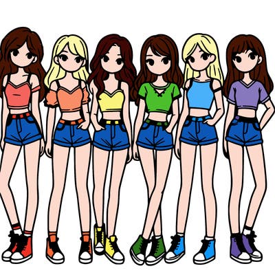 a group of girls wearing crop tops and shorts