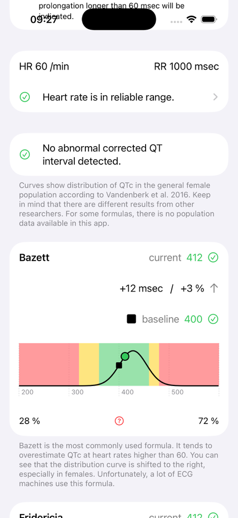 QTc-Calculator app screen displaying Bazett formula calculation and interval graph