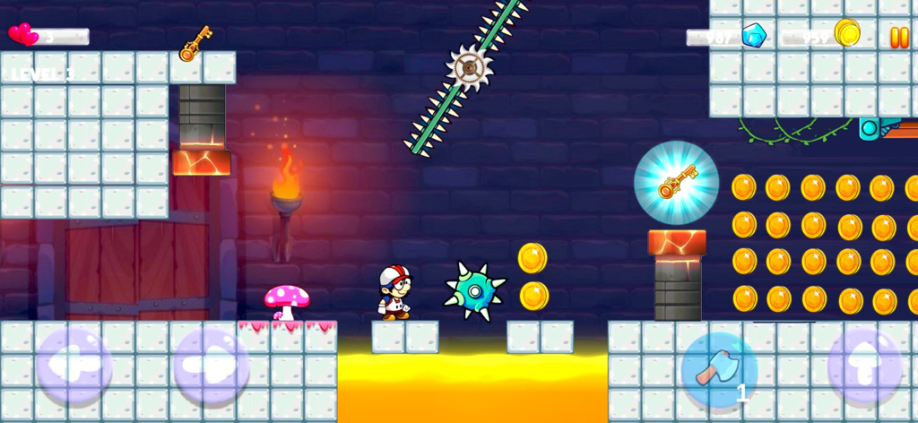 Super Adventure : Pepe - Pepe navigating a castle level with gold coins and hazards in the Super Adventure Pepe platformer game