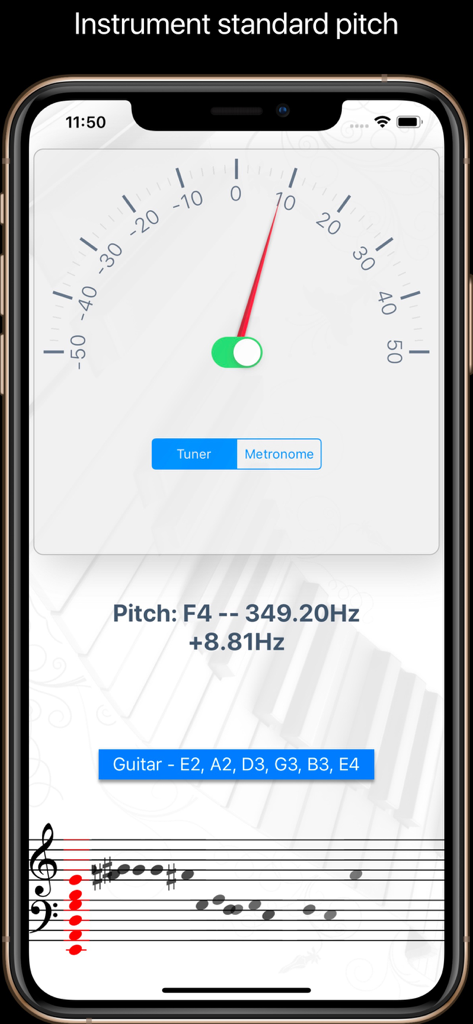 Tuner - Music Tuner app interface showing instrument pitch dial and musical staff