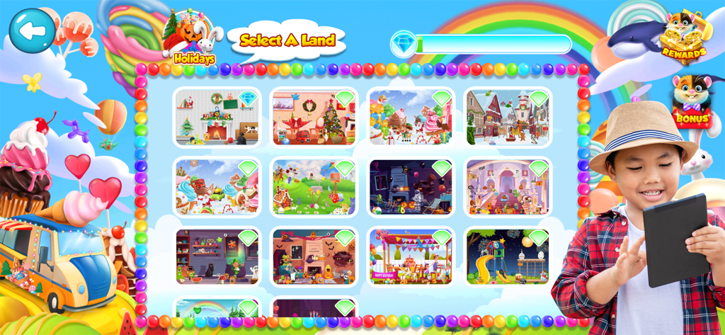 A colorful level selection screen in the Kids Learning Puzzle Pic Game showing holiday themed puzzles and a child using a tablet