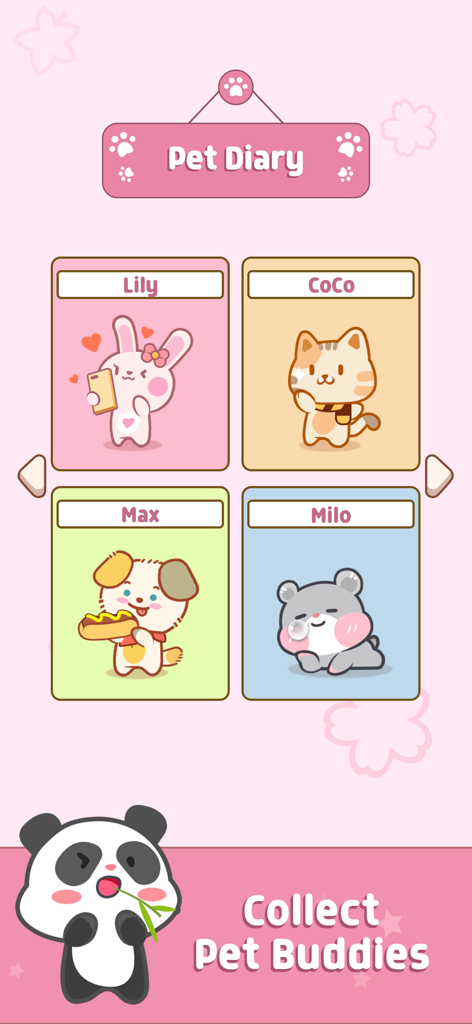 Duet Friends: Pet Music Games - Tela do Diário de Pets de Duet Friends mostrando uma coleção de personagens de animais fofos