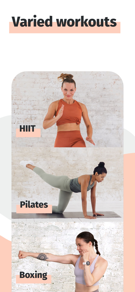 Captura de pantalla de la aplicación 8fit que muestra opciones de entrenamiento variadas que incluyen HIIT, Pilates y boxeo.
