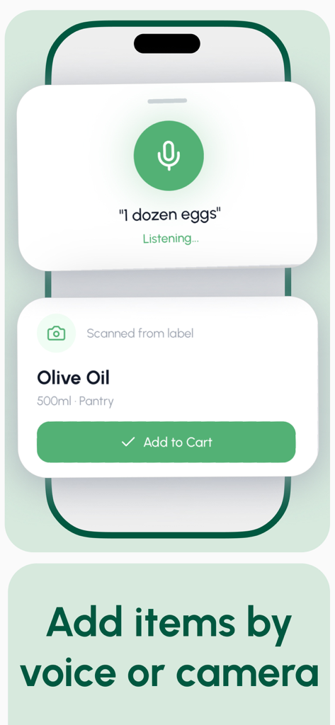 Interface showing how to add grocery items using voice commands or camera scanning.